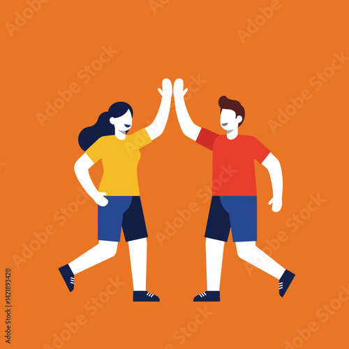 Young man and woman giving high five in casual clothes on orange background vector illustration 