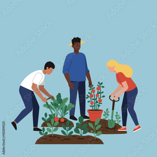 Group of diverse people gardening together planting vegetables and flowers in community garden vector illustration 