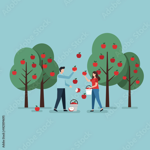 Apple Picking Activity with Man and Woman Harvesting Fruit in Orchard Vector Illustration 