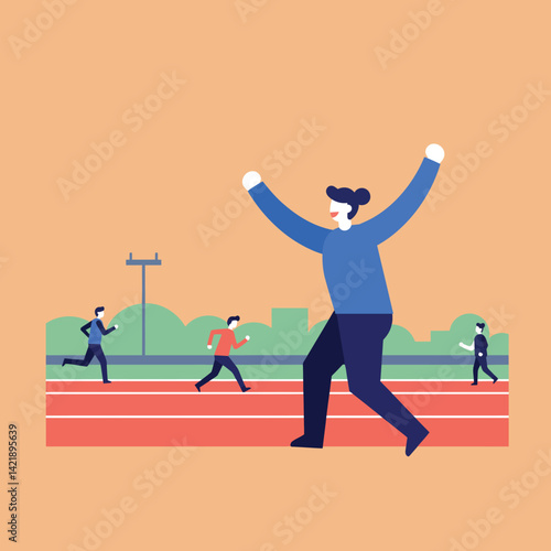 Runner crossing finish line celebrating victory on outdoor track with competitors in background vector illustration 