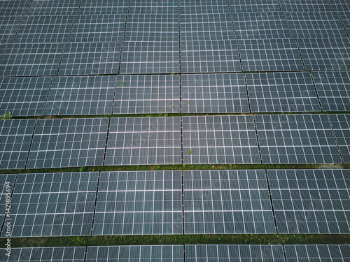 Solar panel at at the solar farm. Renewable energy. Aerial drone shot