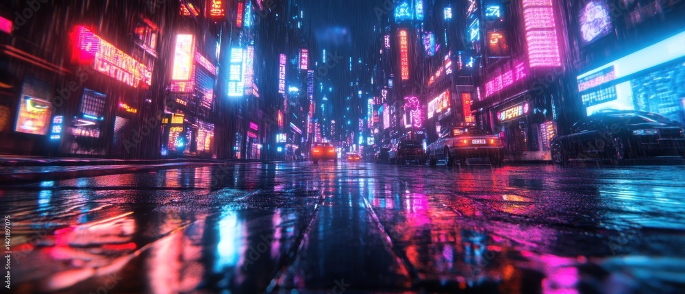 Cyberpunk City Nightscape: Neon Lights Reflecting on Wet Streets Cyberpunk City Nightscape: Neon Lights Reflecting on Wet Streets