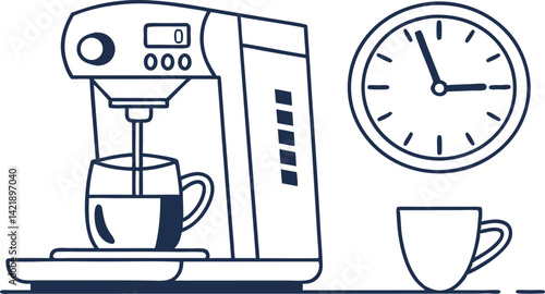 Coffee Machine Preparing Brew in a Cozy Kitchen Setting With Clock Showing Morning Time