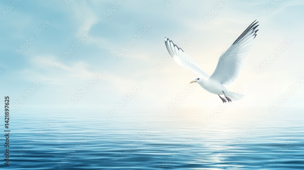 Obraz premium Majestic seagull in flight soaring over the expansive ocean waves