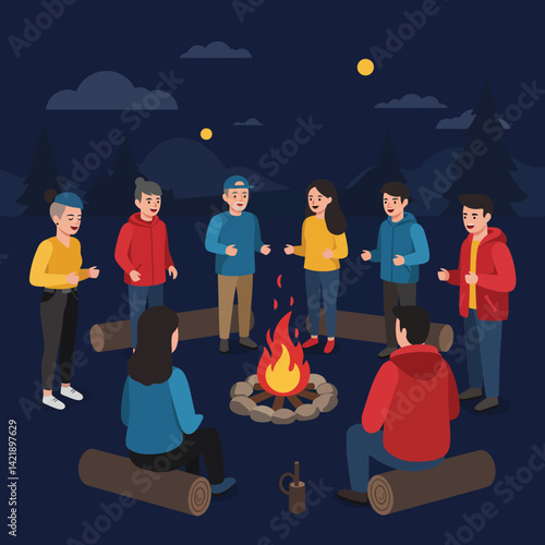 Group of friends camping around campfire enjoying outdoor night activity in forest setting vector illustration 