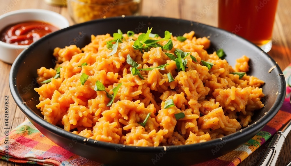 Delicious Tomato Rice With Fresh Parsley Garnish On Wooden Table Delicious Tomato Rice With Fresh Parsley Garnish On Wooden Table