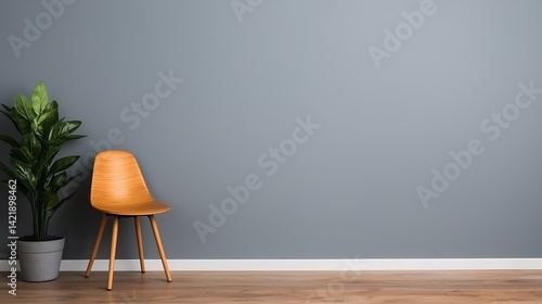 Obraz na płótnie Minimalist interior showcasing wooden chair and potted plant against a plain wall with ample copy space in neutral colors. w salonie