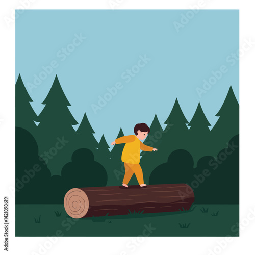 Child balancing on fallen tree log in forest outdoors nature scene vector illustration 