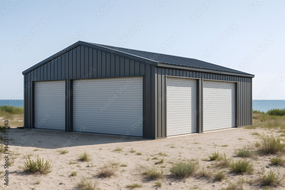 Metal Garage by The Sea: A sleek, modern metal garage with two bays stands on a sandy plot near the tranquil sea, reflecting the open sky above. Metal Garage by The Sea: A sleek, modern metal garage with two bays stands on a sandy plot near the tranquil sea, reflecting the open sky above.