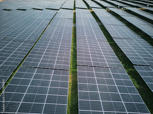 Solar panel at at the solar farm. Renewable energy. Clean Sustainable Energy . Aerial drone shot