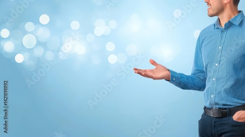 Man in blue shirt expressing surprise or uncertainty with outstretched hands