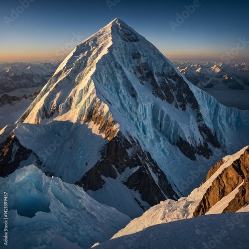 The summit of K2 glistening in the early morning sun, an unreachable dream of ice and rock that has claimed the lives of many who dared to climb it.