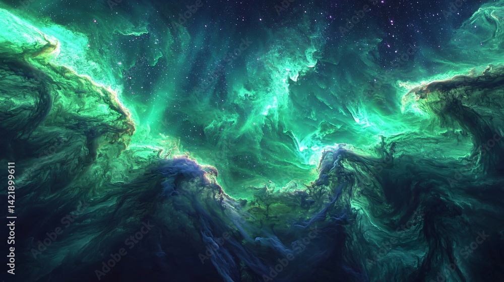 Obraz premium Surreal nebula in the cosmos illuminated by radiant highlights and ghostly auroras capturing the essence of dreamlike beauty and wonder