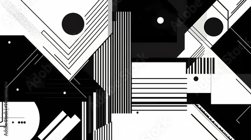Geometric Shapes in Bold Black and White Abstract Composition