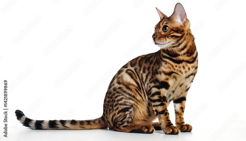 Elegant Bengal Cat Portrait with Striking Markings on Pure White Background Elegant Bengal Cat Portrait with Striking Markings on Pure White Background