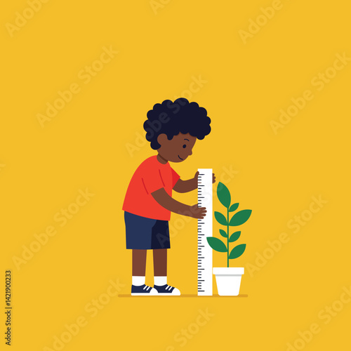 Boy measuring plant height using ruler with green leaves and white pot on yellow background vector illustration 