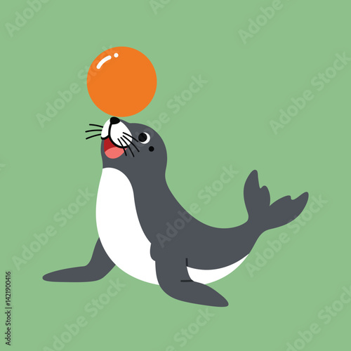 Seal balancing bright orange ball on nose simple vector illustration with green background playful aquatic animal image 