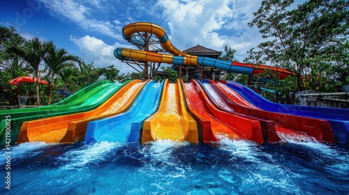 Vibrant Waterpark Slides: A Colorful Summer Day