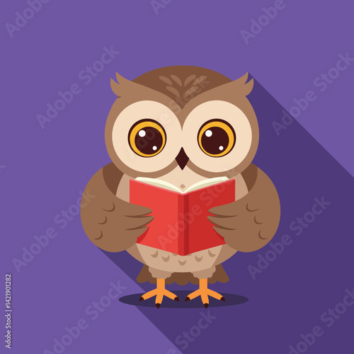 Owl reading book cartoon character with brown feathers and big eyes on purple background flat design vector illustration 