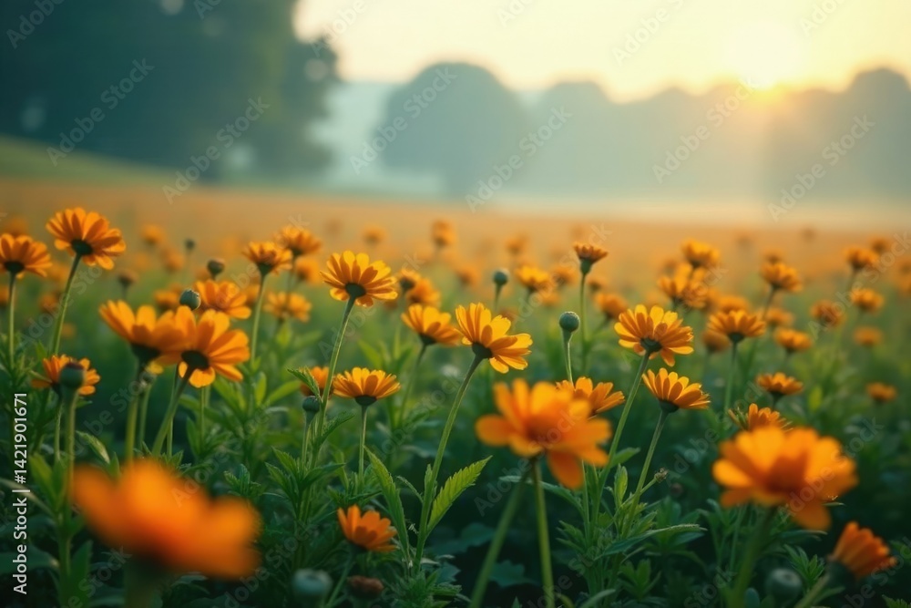 Softly lit marigold field with misty atmosphere, misty, peaceful, serene Softly lit marigold field with misty atmosphere, misty, peaceful, serene