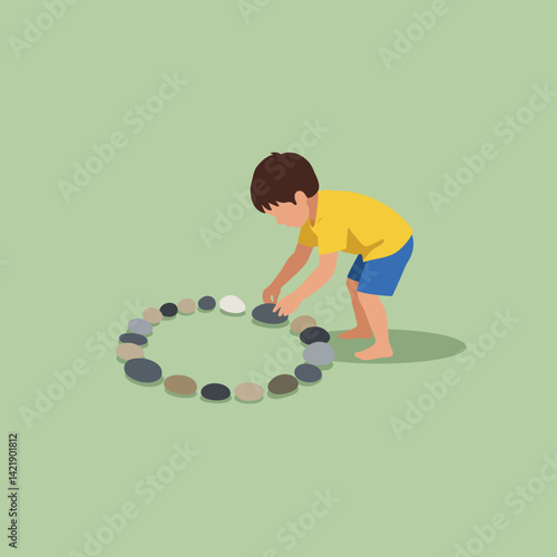 Child arranging circle of stones on green grass in outdoor play activity vector illustration 