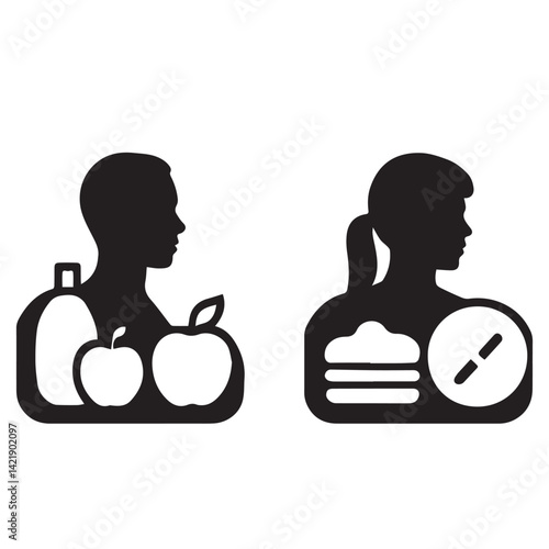 Choice good bad nutrition fat eating versus isolated Vector Silhouettes White Background.