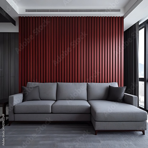 Obraz na płótnie Minimalist Living Room with Gray Sectional Sofa, Red Accent Wall, and Natural Light Design Interior Space. w salonie