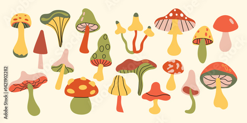 A vibrant collection of whimsical mushrooms in varied shapes and colors