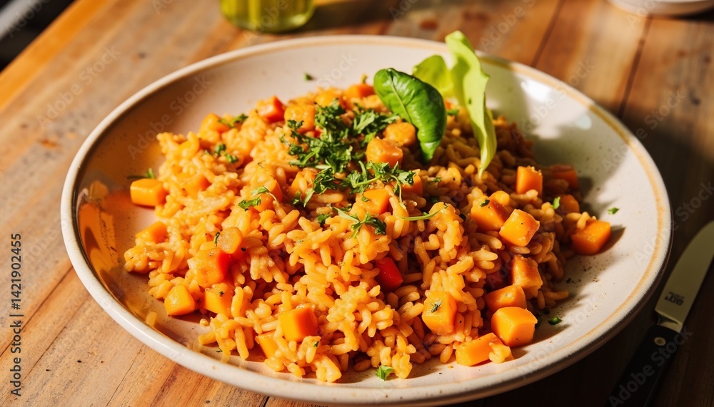 Delicious Butternut Squash Risotto Served On A Plate With Fresh Herbs Delicious Butternut Squash Risotto Served On A Plate With Fresh Herbs