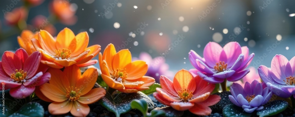 Fototapeta premium Snowflakes gently falling onto an arrangement of orange and purple flowers, spring, blossoming