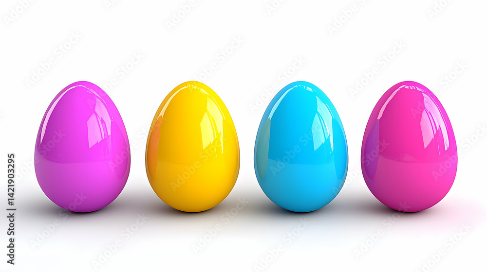 Four Shiny Pastel Eggs in a Row on White Background Four Shiny Pastel Eggs in a Row on White Background