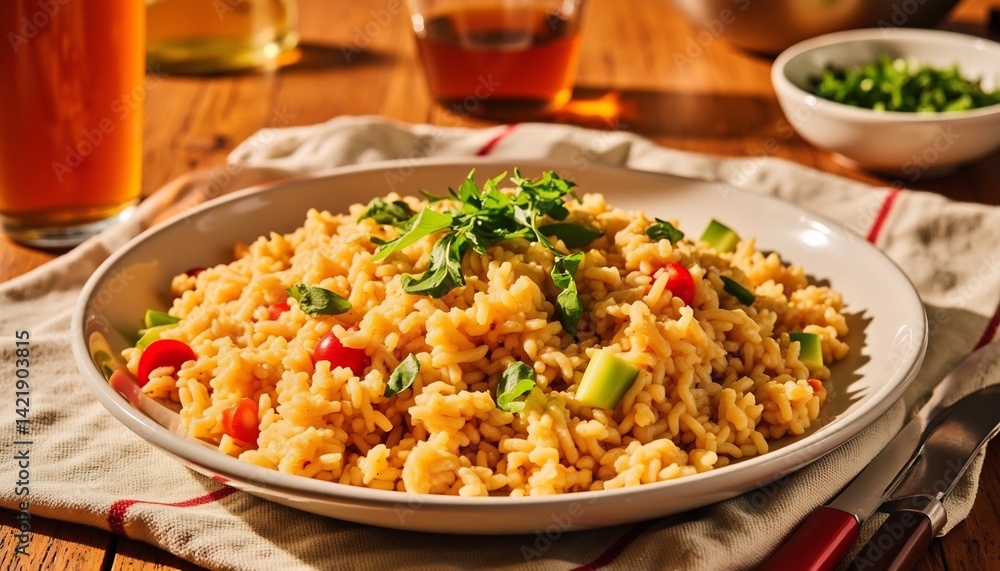 Delicious Rice Dish With Tomatoes Cucumber And Fresh Herbs Served On Wooden Table