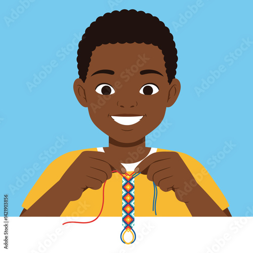 Boy crafting colorful friendship bracelet with red blue threads smiling portrait vector illustration 