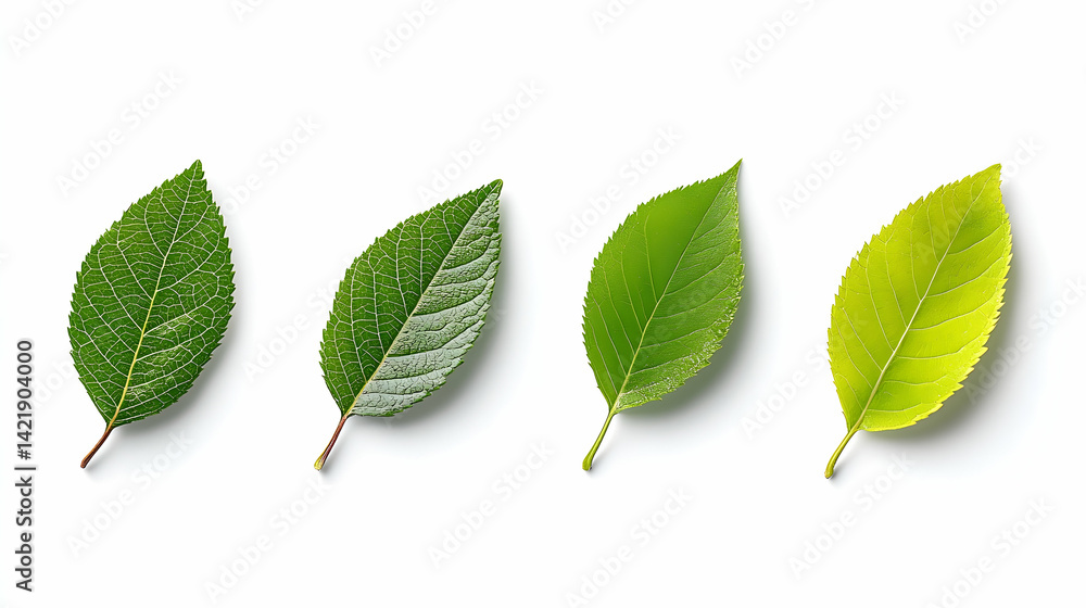 Fototapeta premium Four Stages of Leaf Growth: Green to Yellow Transition on White Background