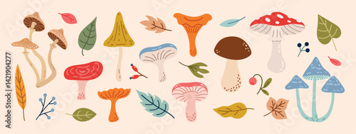 Whimsical Fungi  Foliage A charming array of illustrated mushrooms  leaves on a warm background