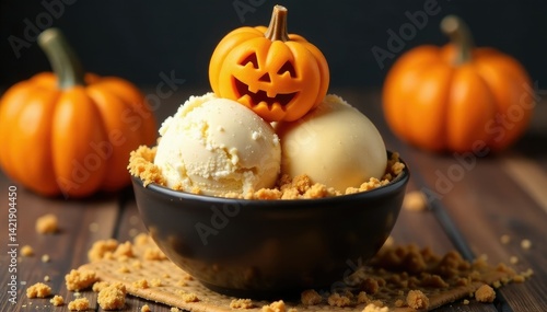 Scoop of pumpkin spice ice cream topped with mini jack o lantern sorbet and graham cracker crumbs, festive, crunchy, graham crackers