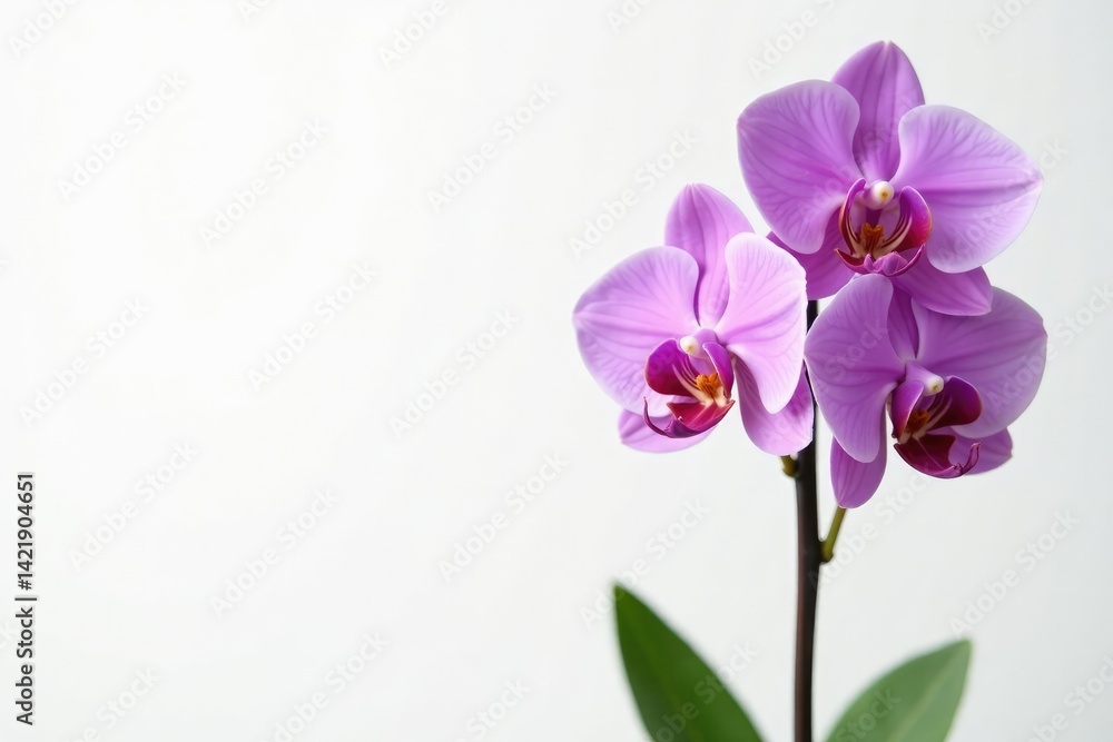 Purple Vanda species orchid on white background with delicate stems and leaves, stem, vanda Purple Vanda species orchid on white background with delicate stems and leaves, stem, vanda