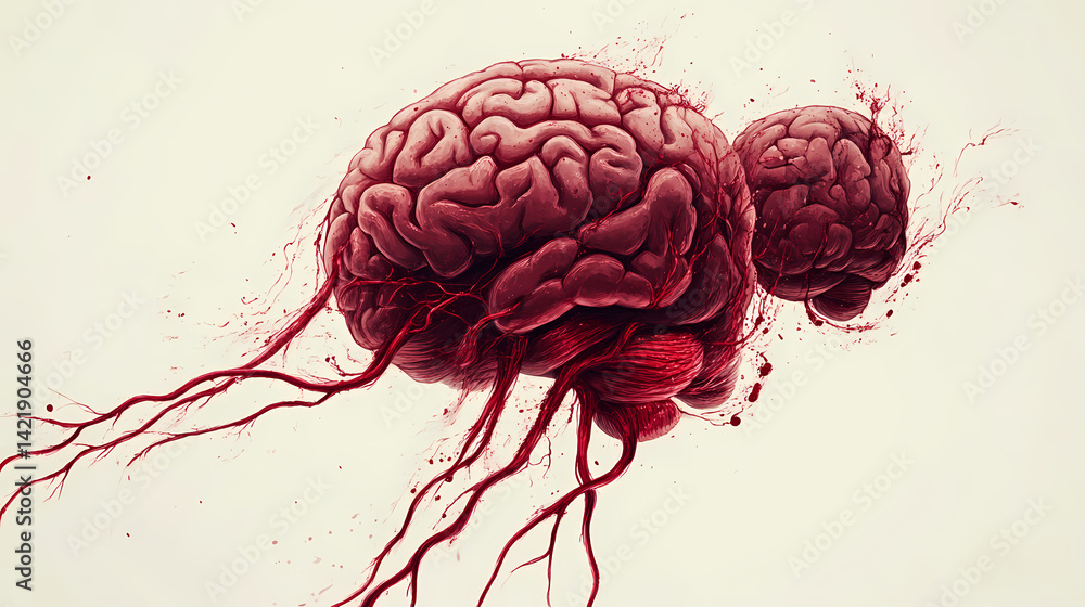 Bleeding stroke artery, illustration of a human brain with two smaller brains connected by a line, emphasizing neural connections. Psyche Swell. Illustration