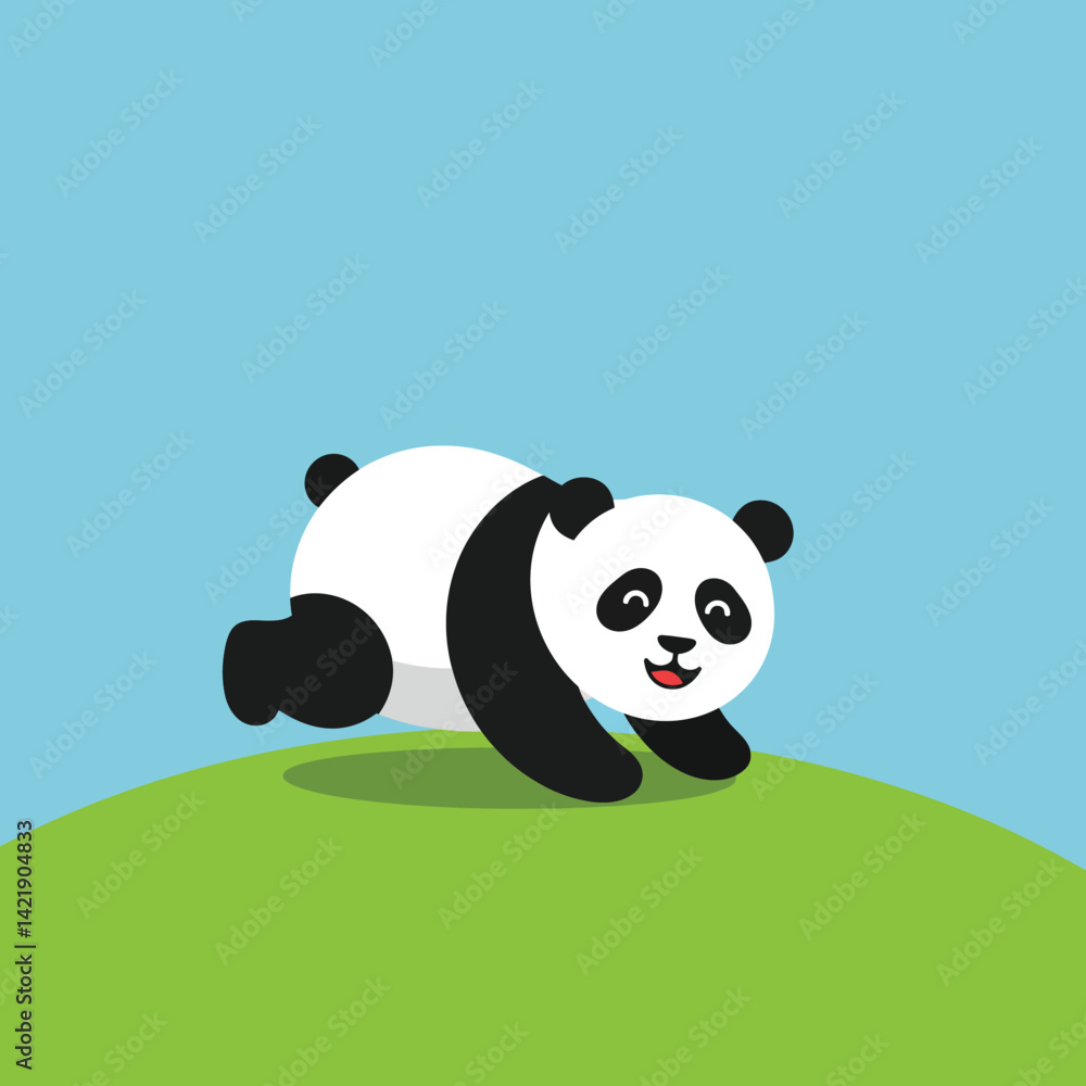 Obraz premium Panda walking on green hill under blue sky in simple cartoon style vector illustration