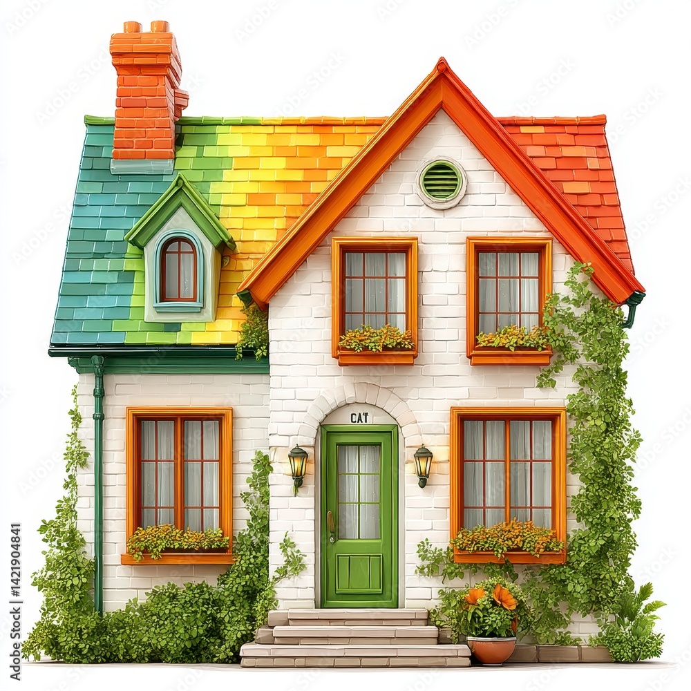Obraz premium Charming Colorful House Illustration with Green Door and Lush Greenery