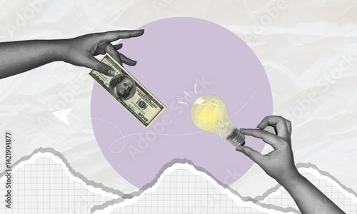 Conceptual image of dollar bills exchanged with light bulbs on purple background. Investment, Concept collage, financial, Business collage.