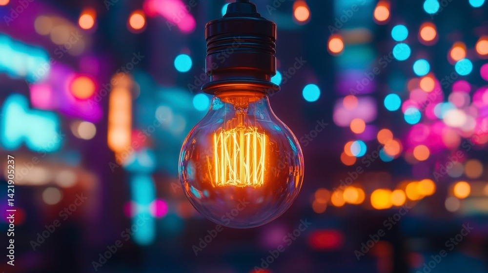 Glowing incandescent light bulb hanging against a vibrant, blurred city night background. Warm light contrasts with cool city lights. Glowing incandescent light bulb hanging against a vibrant, blurred city night background. Warm light contrasts with cool city lights.