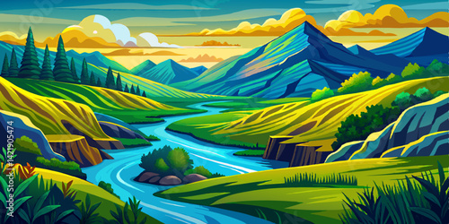 Amazing summer illustration landscape with field green hills, river and forest. Vector in trendy flat simple style. banner, greeting card or poster, blue sky and clouds
