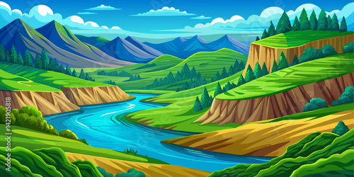 Amazing summer illustration landscape with field green hills, river and forest. Vector in trendy flat simple style. banner, greeting card or poster, blue sky and clouds