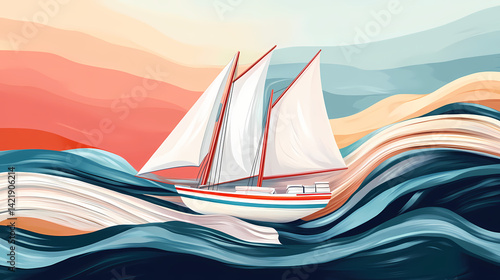 Sailboat sailing on a journey through books, knowledge and education concept, generative ai. Psyche Swell. Illustration