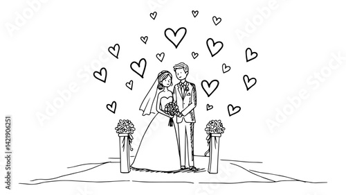 wedding couple icon on ceremony aisle with hearts in romantic hand drawn vector style