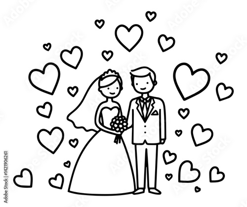 cute wedding couple icon with hearts in cartoon hand drawn vector style