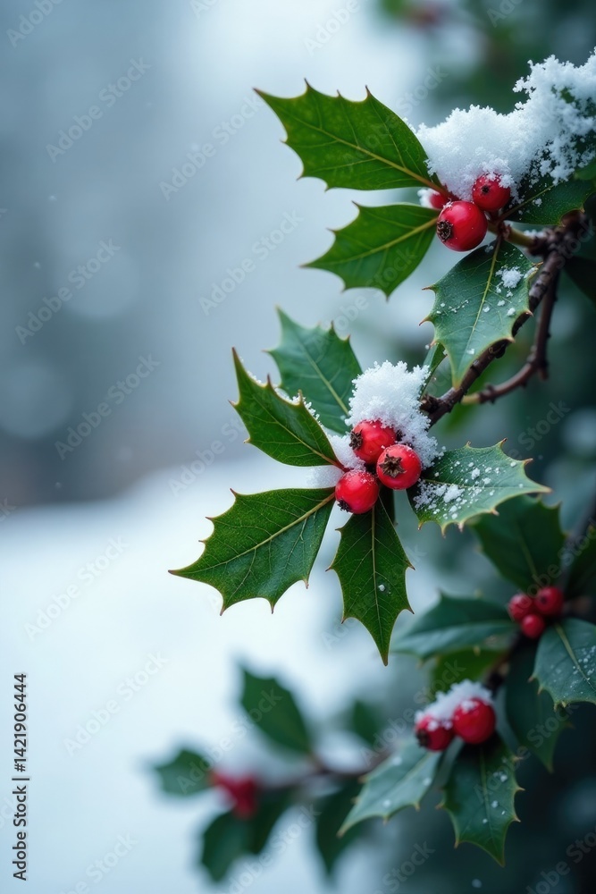 Holly leaves and berries in snow-covered scene, winter, frosty Holly leaves and berries in snow-covered scene, winter, frosty
