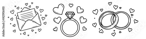 wedding icons with envelope, engagement ring, and wedding bands in hand drawn vector style