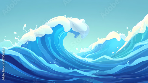 Obraz na płótnie A captivating stylized blue wave crests with white foam adding dynamic energy to the serene seascape. Tranquil Breaker. Illustration w salonie